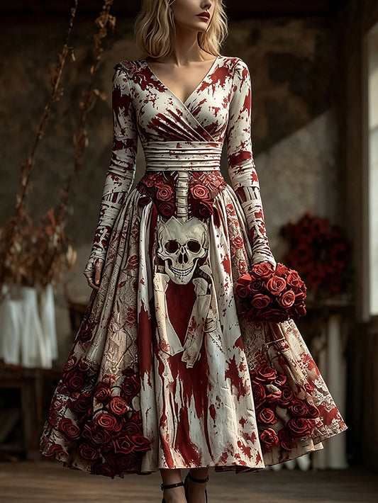 Kvinnors Retro Gothic Skull Mönster Tryckt lång ärm klänning