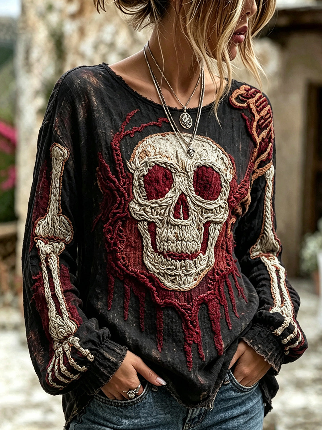 Kvinnors gotiska Skull mönster tryckt Casual bomull-Linen tröj