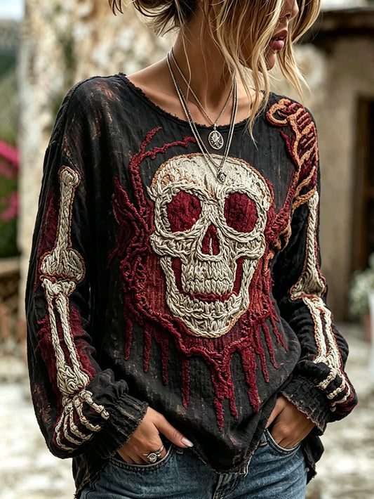 Kvinnors gotiska Skull mönster tryckt Casual bomull-Linen tröj