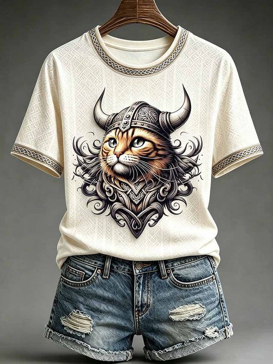 Kvinnors roliga katt viking krigare tryckt T-shirt
