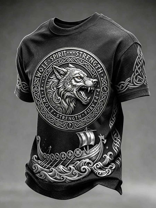 Mäns Vintage Viking Wolf Print T-shirt