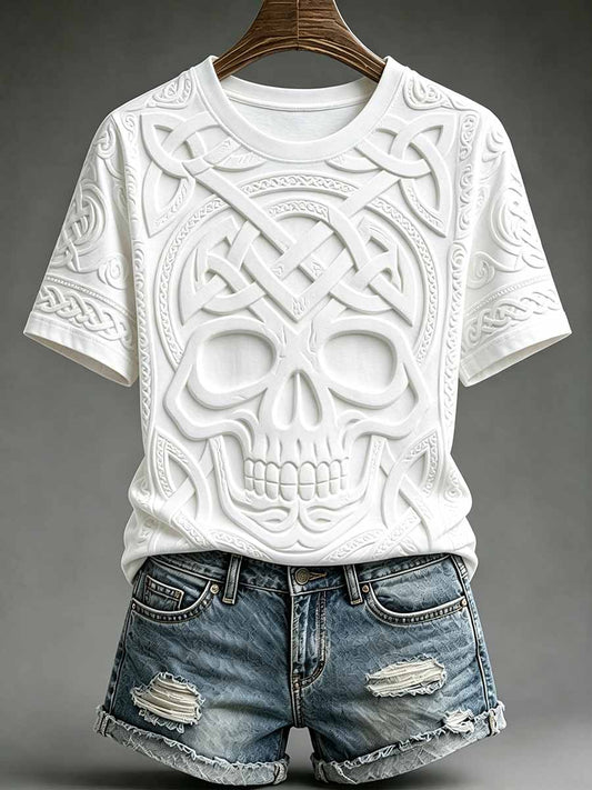 Kvinnors Vintage Viking Celtic Knot Skull Print T-shirt