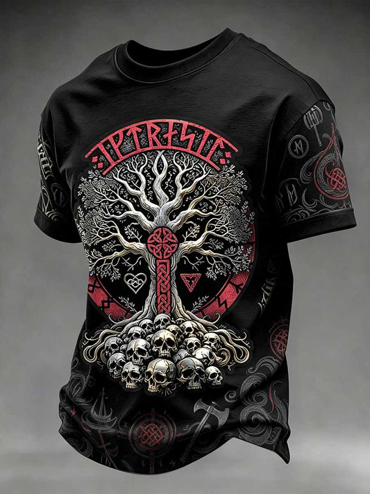 Mäns Retro Träd av livet Skull Print T-shirt
