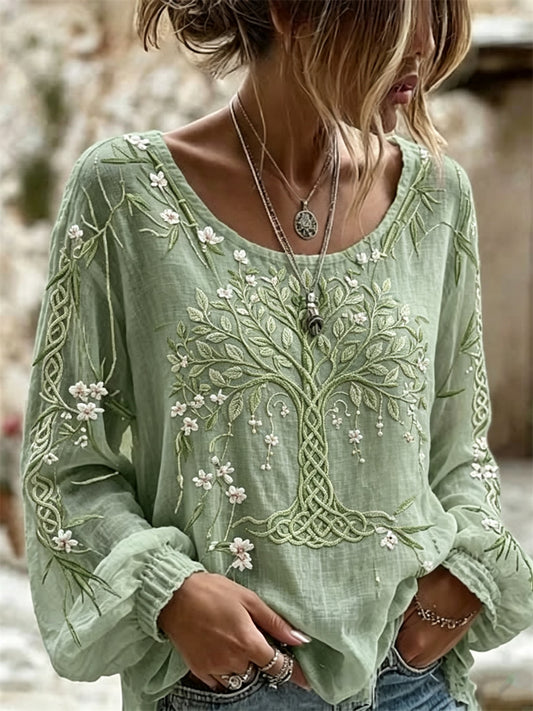 Kvinnors stilfulla träd i livet Viking Keltisk knop bambu blomster Print bomull-Linen tröj