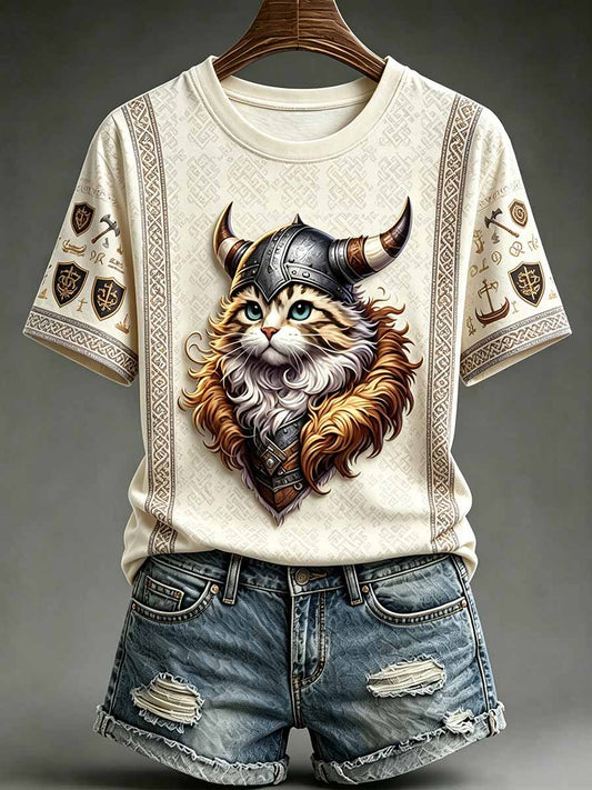 Kvinnligt roligt t-shirt med tryck av katt som vikingakrigare