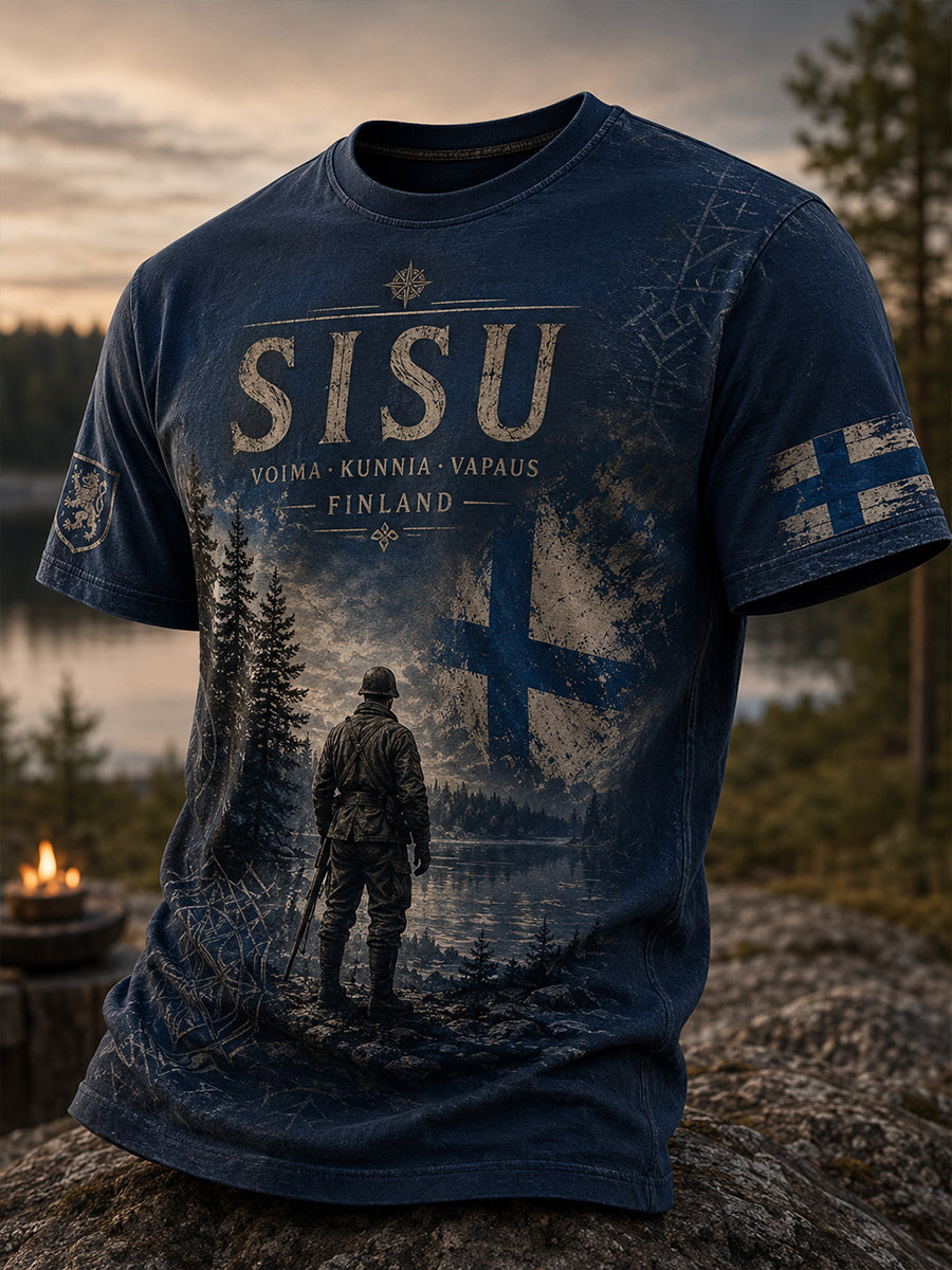 Mäns Sisu Patriotisk minne T-shirt med konstnärlig tryck - finsk vettan