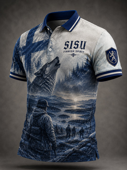 Mäns Sisu Patriotisk minne Polo tröja med konstnärliga tryckelement, inspirerad av finska veteraner