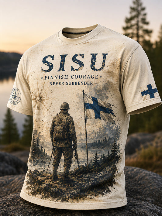 Herrlig Sisu-patriotisk minnes-T-shirt med konstnärlig tryck – Finländsk veteran