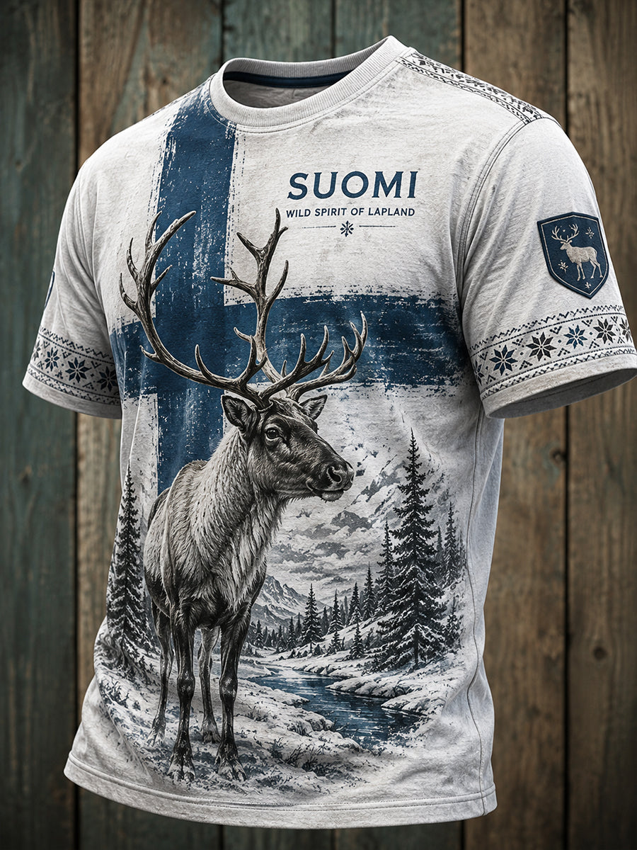Mäns finska arktiska renar naturliga element Konst Skriv ut T-shirt