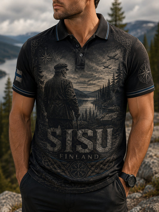 Herrpolotröja med Sisu-patriotiskt konsttryck som innehåller inslag som påminner om finländska veteraner