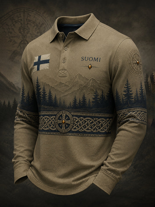 Herrpolotröja med lång ärm och finsk vikingainspirerad grafisk printning