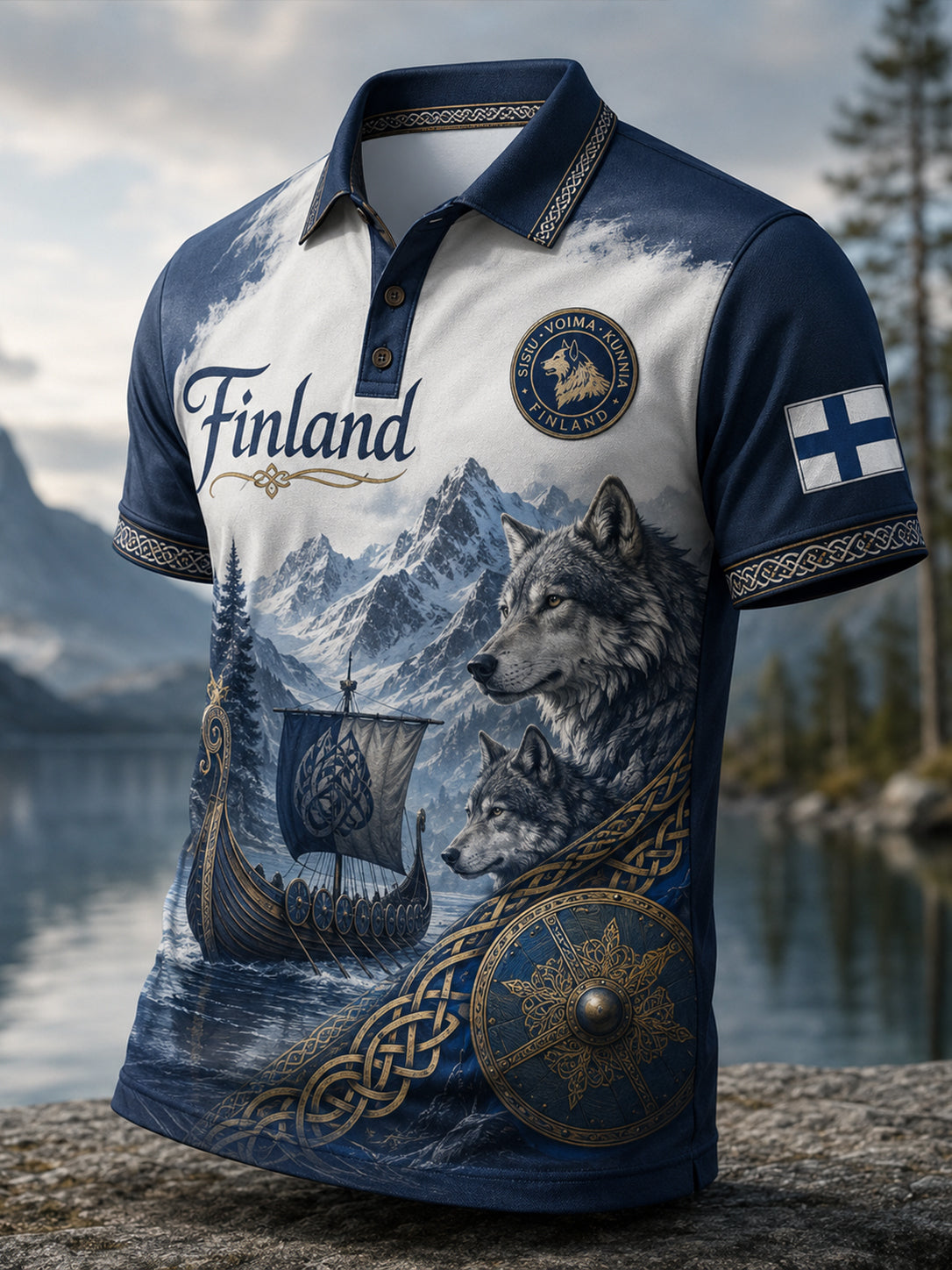 Herrpolotröja med finsk vikingpatriotisk konsttryck