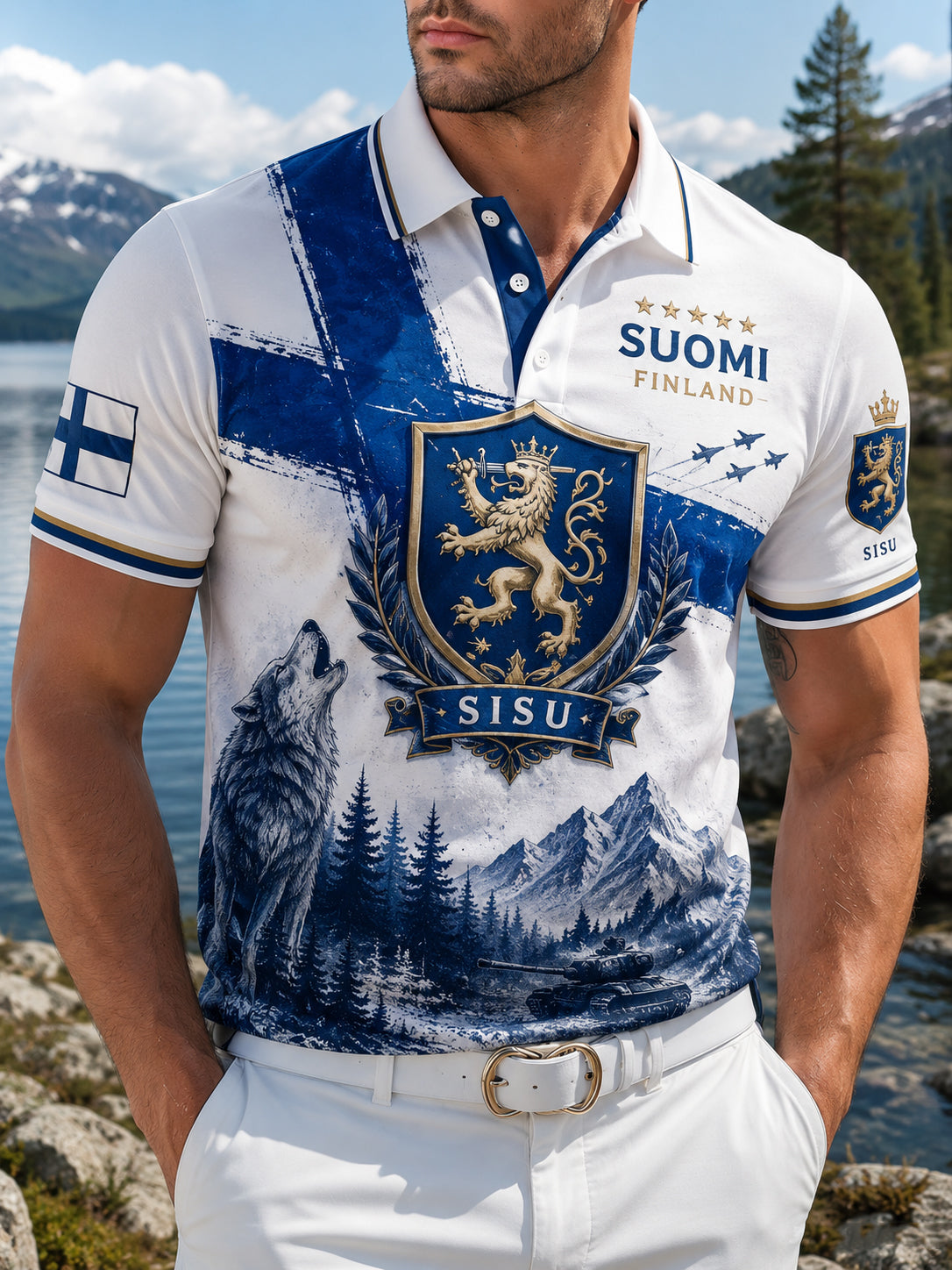 Herrpolotröja med Sisu-patriotiskt konsttryck som innehåller inslag som påminner om finländska veteraner