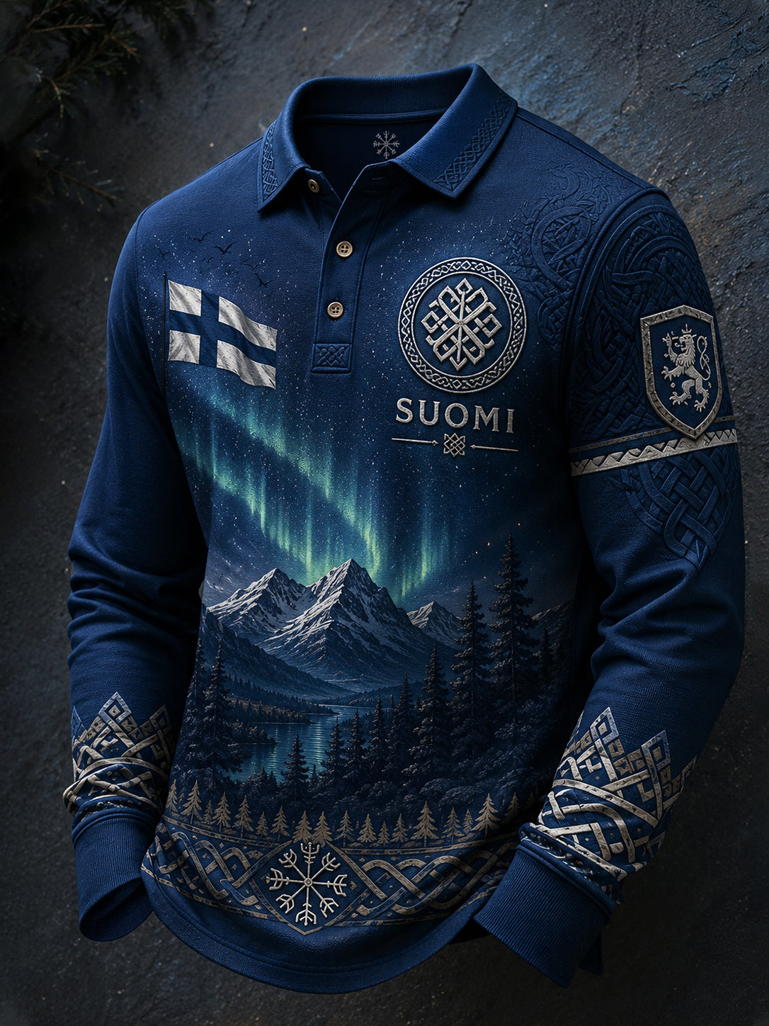 Mäns långärm Polo tröja med finsk viking-Inspirerad grafik