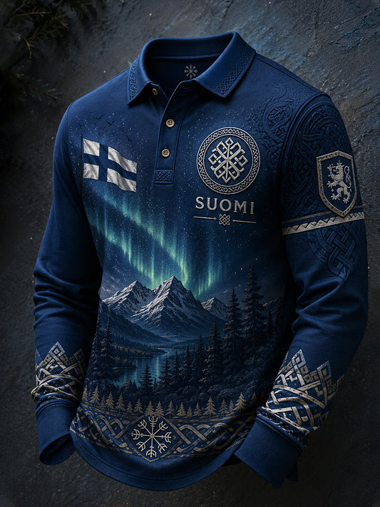 Mäns långärm Polo tröja med finsk viking-Inspirerad grafik