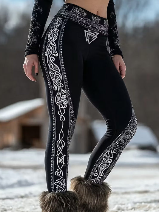Ledsna leggings med konsttryck i vintage viking- och nordisk stil