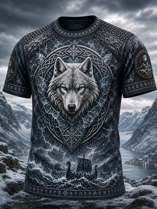 Retro vikingisk grafiskt tryckt t-shirt i nordisk stil för vardagsbruk