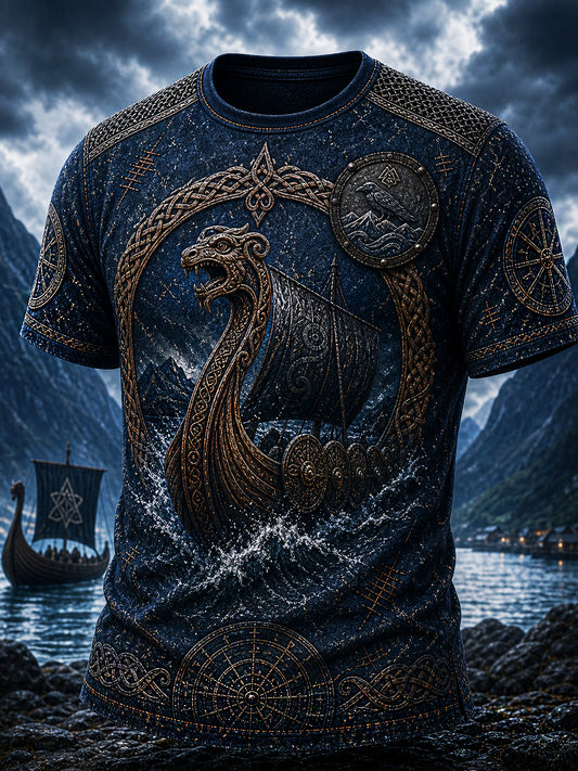 Retro vikingisk grafiskt tryckt t-shirt i nordisk stil för vardagsbruk