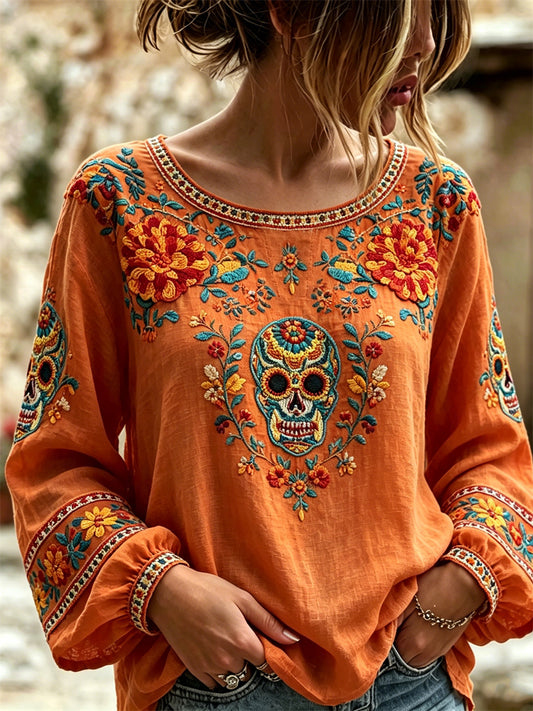 Kvinnors dag av döda socker Skull mexikanska Marigolds Floral Print bomull-Linen tröj
