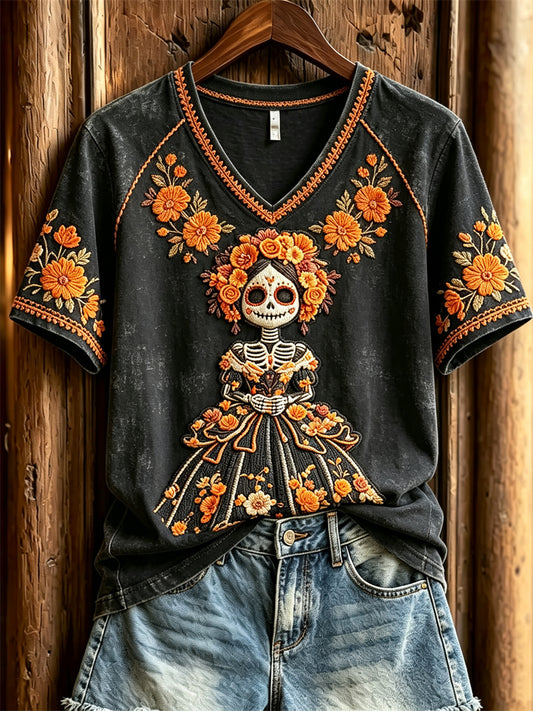 Damens dag av döda socker Skull dam mexikanska Marigolds Floral Print kortärmad T-shirt