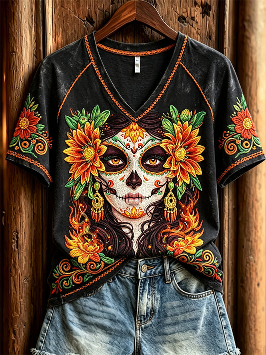 Dödarnas dag för kvinnor – sockerkraniumdam, mexikanska ringblommor, kortärmad t-shirt med blomstermönster
