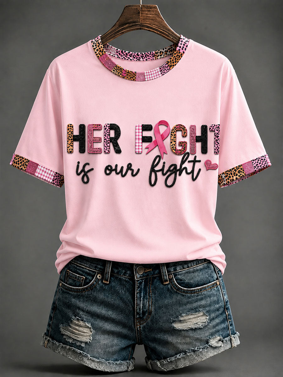Kvinnors “Hennes kamp är vår kamp” Pink Ribbon Bröstcancer medvetenhet T-shirt