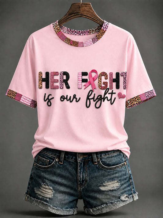 Kvinnors “Hennes kamp är vår kamp” Pink Ribbon Bröstcancer medvetenhet T-shirt