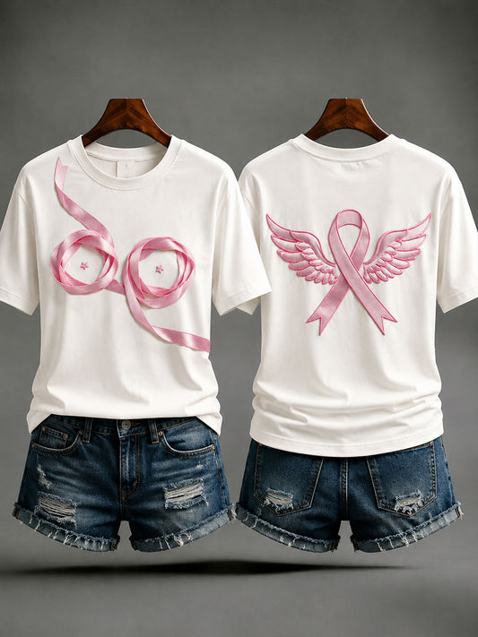 Kvinnors kreativa rosa band-t-shirt för bröstcancermedvetenhet