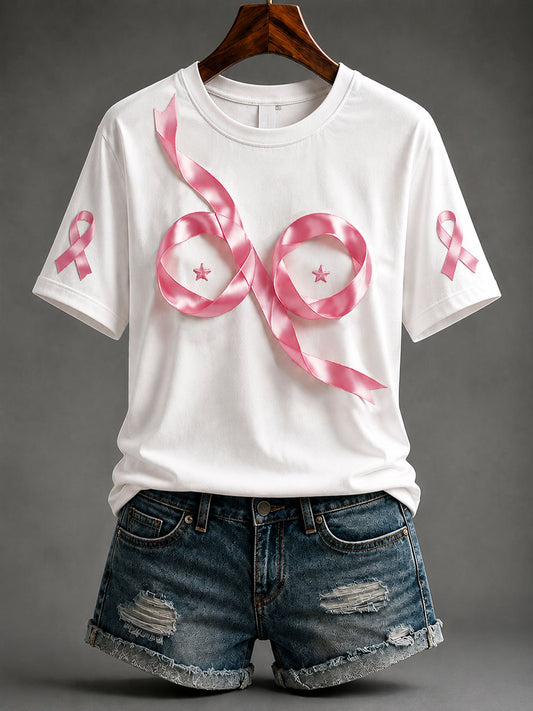 Kvinnors kreativa rosa band-t-shirt för bröstcancermedvetenhet