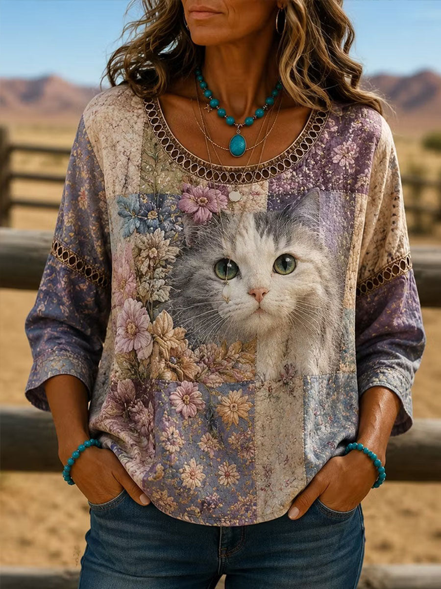 Dams Elegant Blommigt Katt Bomullslinne Topp