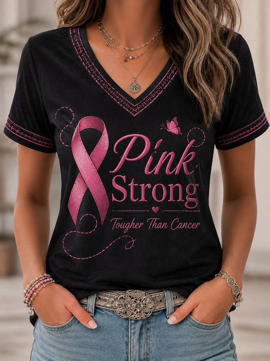 T-shirt med korta ärmar och tryck för att höja medvetenheten om bröstcancer hos kvinnor