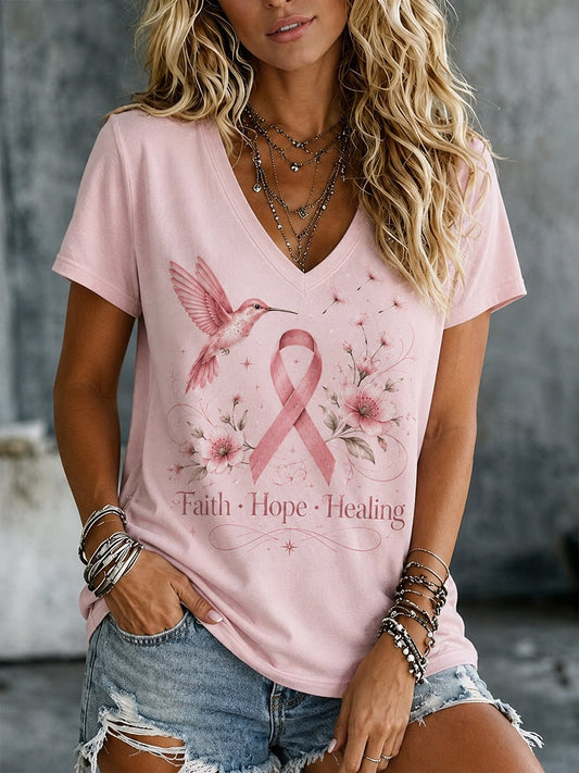 T-shirt med korta ärmar och tryck för att höja medvetenheten om bröstcancer hos kvinnor