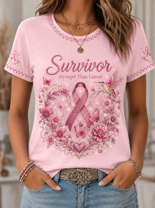 T-shirt med korta ärmar och tryck för att höja medvetenheten om bröstcancer hos kvinnor