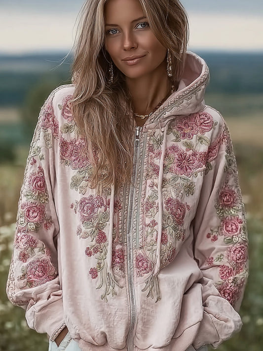 Kvinnors ljusrosa blommor mönster tryckt Casual Zip-Up Hoodie