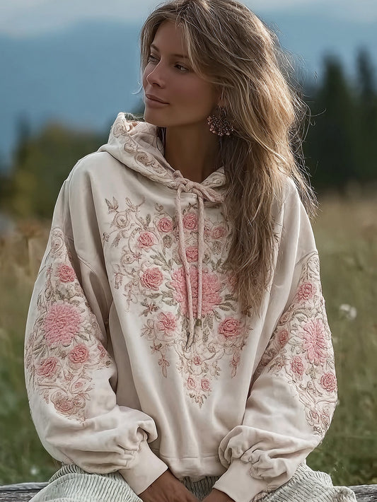 Kvinnors ljus rosa blommor mönster tryckt avslappnad hoodie tryckt
