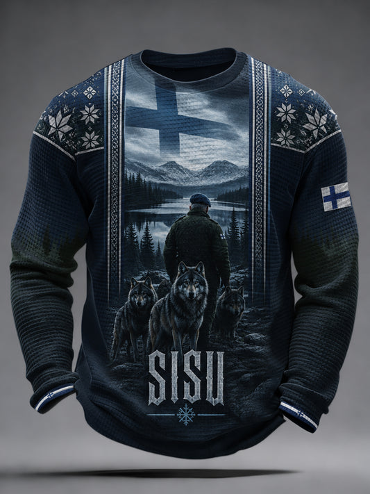 Herrtröja med långa ärmar och finsk veteranmotiv i Sisu-patriotiskt konsttryck