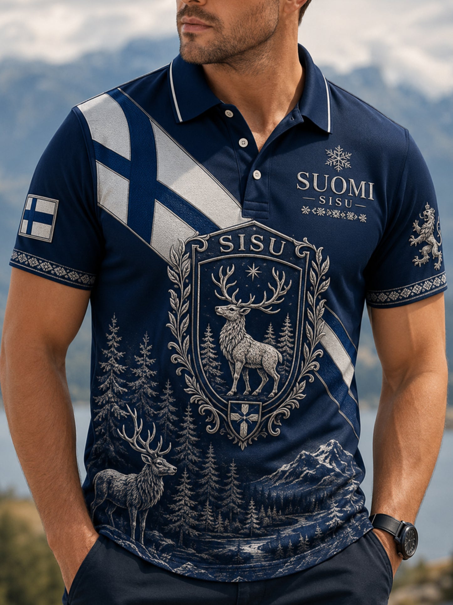 Mäns Sisu Polo Med konstnärlig tryck, ärv finländska veteraners andar