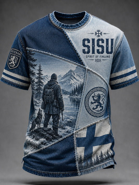 Mäns Sisu Patriotisk konst Skriv ut T-shirt med finska veteranelement