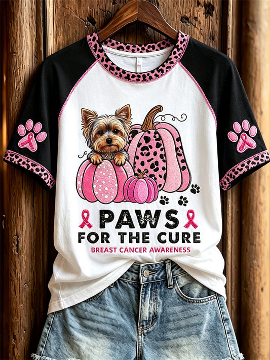Kvinnor tass för bota bröstcancer medvetenhet Yorkshire Dog & Pink pumpor Skriv ut kortärmade T-shi. rt