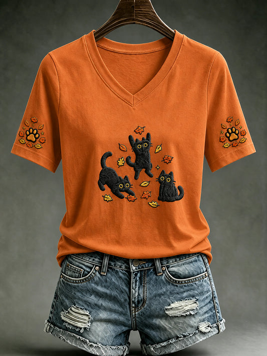 Kvinnors höst söt katt lönn blad pumpa kort ärm T-shirt