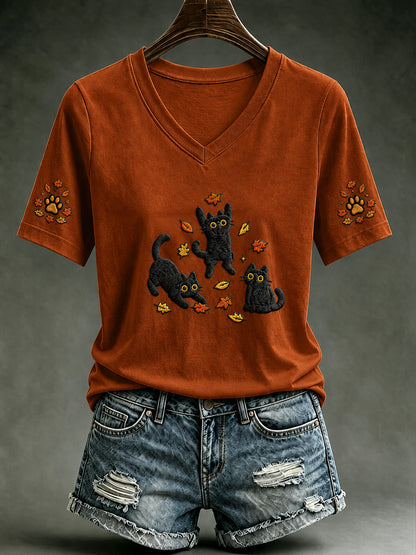 Kvinnors höst söt katt lönn blad pumpa kort ärm T-shirt