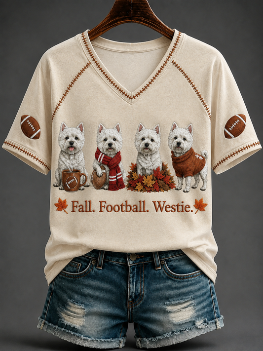 Damfall fotboll Westie V-hals Off-axel Kort-ärmad T-shirt