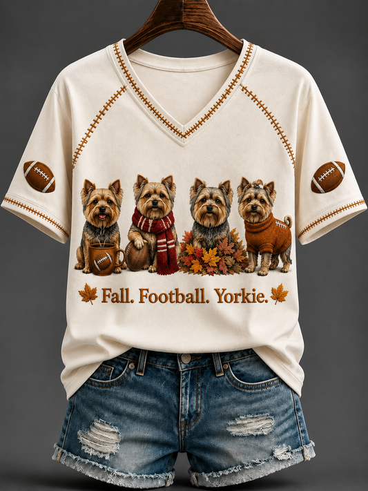 Women's Fall Fotboll Yorkie V-hals Off-axel Kort-ärmad T-shirt