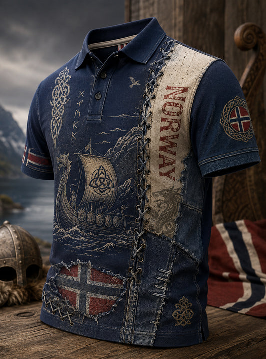 Herrpolotröja med konsttryck med norska vikingakulturelement