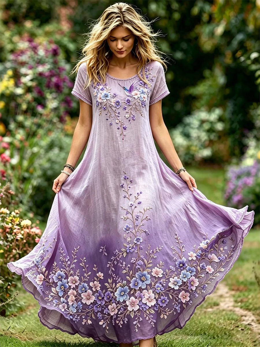 Kvinnors klass Humming fågel Lila Floral Art Print Gradient Flowy Maxi Klänning