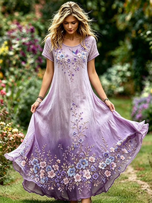 Kvinnors klass Humming fågel Lila Floral Art Print Gradient Flowy Maxi Klänning