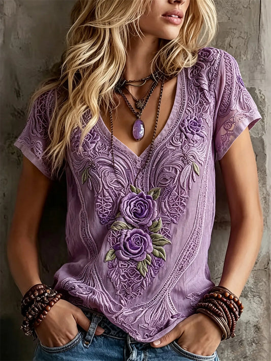 Kvinnors stiligt lila rosor Lace Konst Skriv ut linne kortärmade T-shirta