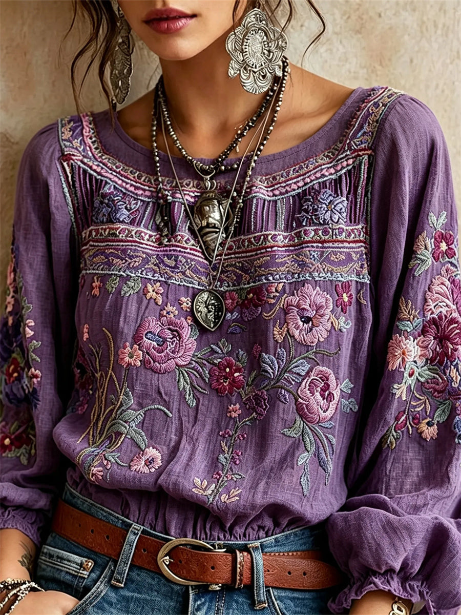 Kvinnor Boho lila blomsterkonst Skriv ut bomull-Linen skjorta
