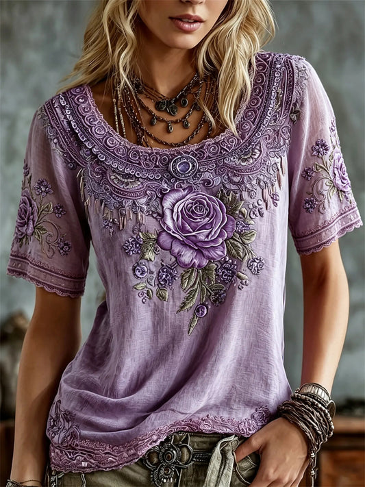 Kvinnors stiligt lila rosor blommor spets Konst Skriv ut linne kortärmade T-shirt