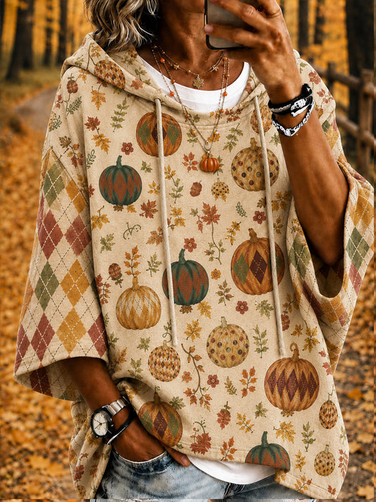 Kvinnors höst rutnät söt pumpa lönnblad mönster Casual Hoodie mönster